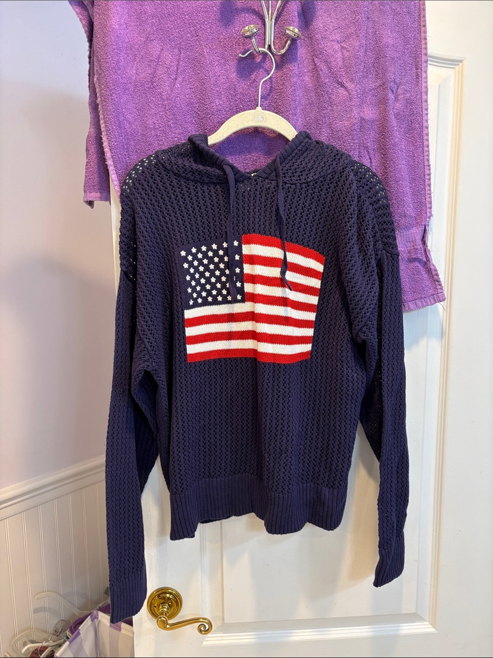 NWT Universal Thread Navy Knit Hoodie Sweater with American Flag